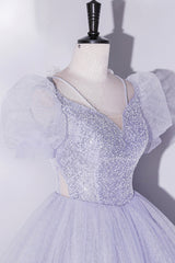Prom Dress Champagne, Light Blue Tulle Sequins Prom Dress, Scoop Neck Short Sleeve Puffy Floor-Length Evening Dress