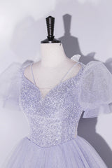 Prom Dresses Blue Light, Light Blue Tulle Sequins Prom Dress, Scoop Neck Short Sleeve Puffy Floor-Length Evening Dress