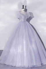Prom Dress Corset Ball Gown, Light Blue Tulle Sequins Prom Dress, Scoop Neck Short Sleeve Puffy Floor-Length Evening Dress
