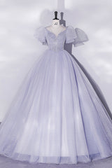 Prom Dress Country, Light Blue Tulle Sequins Prom Dress, Scoop Neck Short Sleeve Puffy Floor-Length Evening Dress