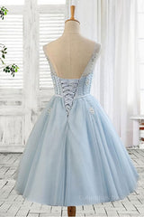 Homecoming Dress Inspo, Light blue tulle short prom dress, blue homecoming dress