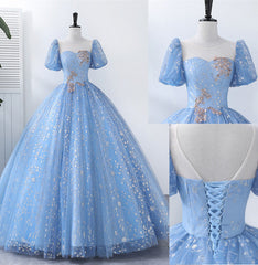 Country Wedding Dress, Light Blue Tulle Short Sleeves Long Formal Dress, Blue Sweet 16 Dress