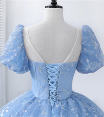 Bridesmaid Dresses Chicago, Light Blue Tulle Short Sleeves Long Formal Dress, Blue Sweet 16 Dress