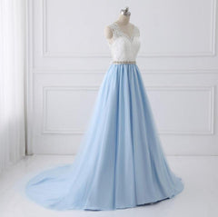 Wedding Dress Boutiques Near Me, Light Blue Tulle V Back Long Party Dress with Bow, Blue Evening Dress Wedding Party Dress