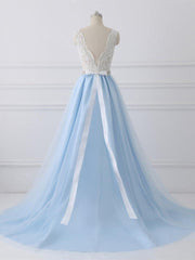 Wedsing Dresses Boho, Light Blue Tulle V Back Long Party Dress with Bow, Blue Evening Dress Wedding Party Dress