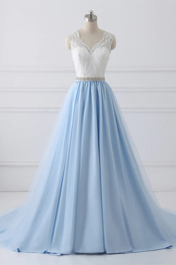 Wedding Dress Train, Light Blue Tulle V Back Long Party Dress with Bow, Blue Evening Dress Wedding Party Dress