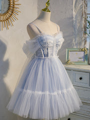 Evening Dress Sleeve, Light Blue Tulle with Beaded Short Homecoming Dresses, Blue Short Prom Dresses