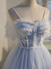 Evening Dress Sleeves, Light Blue Tulle with Beaded Short Homecoming Dresses, Blue Short Prom Dresses