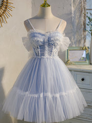 Evening Dress Open Back, Light Blue Tulle with Beaded Short Homecoming Dresses, Blue Short Prom Dresses