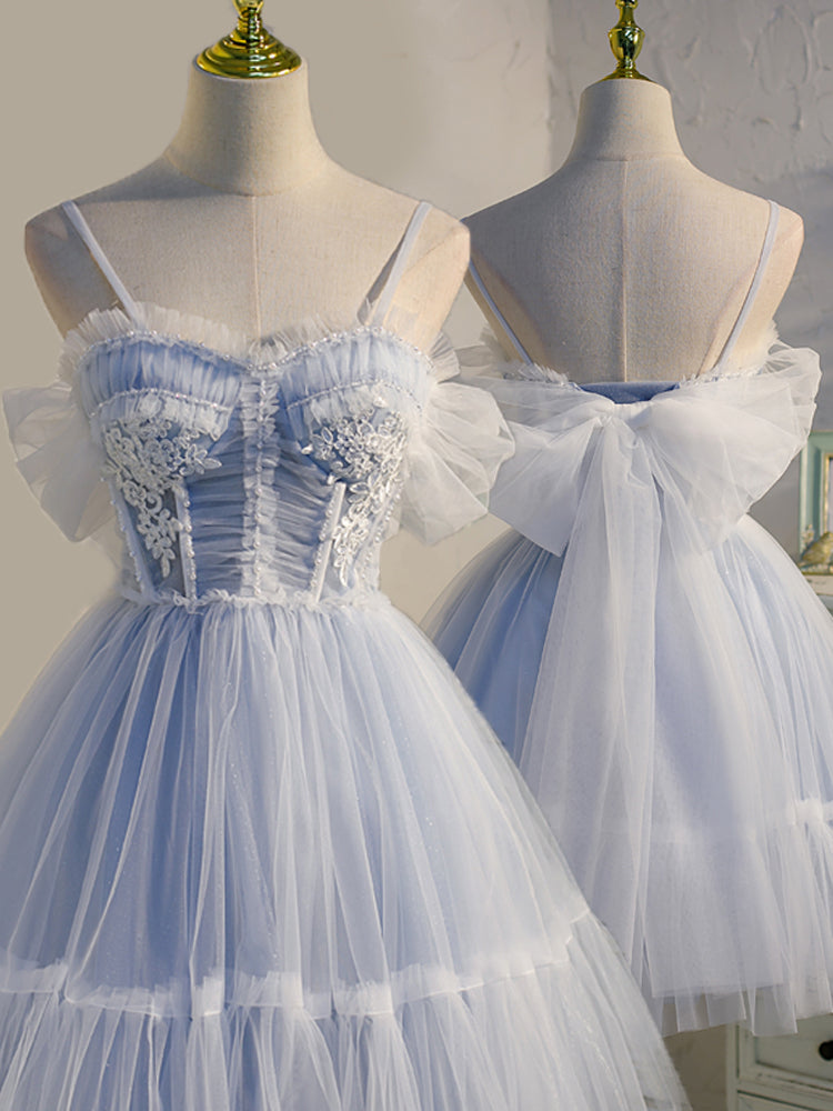 Evening Dress Red, Light Blue Tulle with Beaded Short Homecoming Dresses, Blue Short Prom Dresses