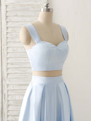 Formal Dress For Woman, Light Blue Two Pieces Satin Long Prom Dress Simple Evening Dress