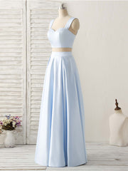 Formal Dresses Long Sleeve, Light Blue Two Pieces Satin Long Prom Dress Simple Evening Dress