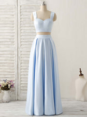 Formal Dresses Summer, Light Blue Two Pieces Satin Long Prom Dress Simple Evening Dress