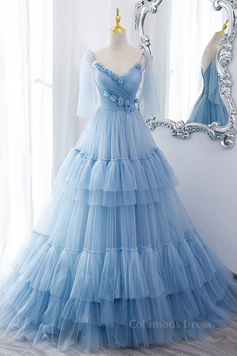 Prom Dresses Boutique, Light Blue V Neck Flaunt Sleeves Flowers Multi-Layers Maxi Formal Dress