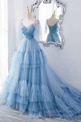 Prom Dress Boutiques, Light Blue V Neck Flaunt Sleeves Flowers Multi-Layers Maxi Formal Dress