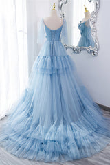 Prom Dress Boutique, Light Blue V Neck Flaunt Sleeves Flowers Multi-Layers Maxi Formal Dress