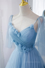 Prom Dress Colors, Light Blue V Neck Flaunt Sleeves Flowers Multi-Layers Maxi Formal Dress