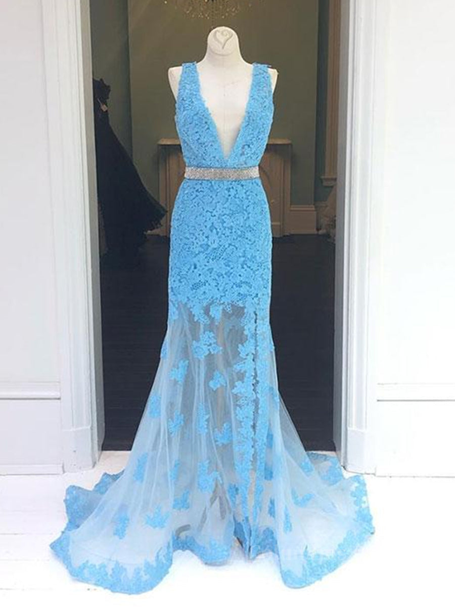 Bridesmaids Dress Style, Light Blue V Neck Mermaid Lace Applique Long Prom Dresses, Lace Blue Formal Dresses, Evening Dresses