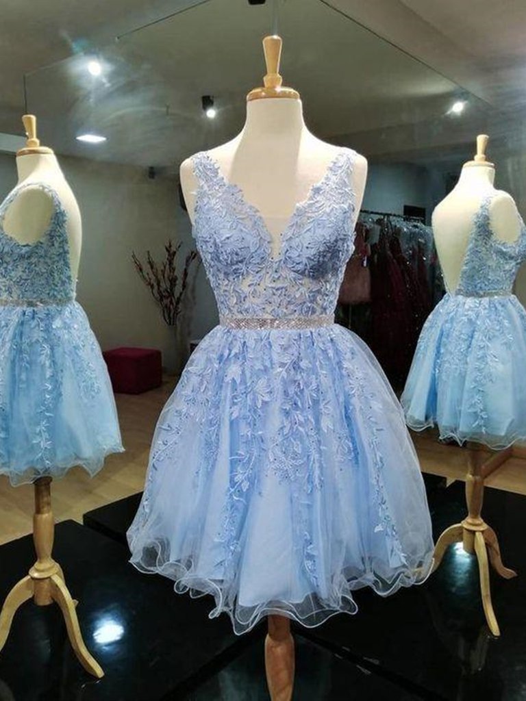 Evening Dresses For Over 57S, Light Blue V-neckline Knee Length Short Party Dress, Blue Homecoming Dresses