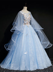 Formal Dress For Weddings, Light Blue with Flowers and Butterflies Formal Dress, Blue Sweet 16 Dresses