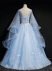 Formal Dresses For Wedding, Light Blue with Flowers and Butterflies Formal Dress, Blue Sweet 16 Dresses