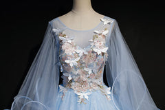 Formal Dress For Wedding, Light Blue with Flowers and Butterflies Formal Dress, Blue Sweet 16 Dresses