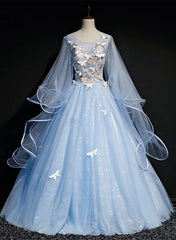 Formal Dresses And Gowns, Light Blue with Flowers and Butterflies Formal Dress, Blue Sweet 16 Dresses