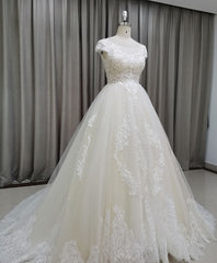 Wedding Dress A Line Lace, Light Champagne Tulle Lace Long Wedding Dress Lace Bridal Dress