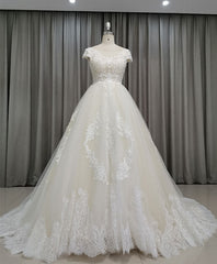 Wedding Dresses A Line Lace, Light Champagne Tulle Lace Long Wedding Dress Lace Bridal Dress
