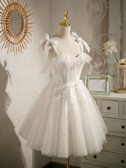 Party Dresses Online, Light Champagne Tulle Lace Short Prom Dress, Cute Puffy Homecoming Dresses