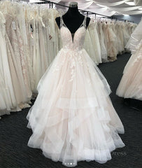 Wedding Dress Online, Light champagne v neck tulle lace long prom dress, wedding dress