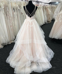 Wedding Dresses Romantic, Light champagne v neck tulle lace long prom dress, wedding dress