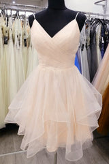 Groomsmen Attire, Light Champagne V-neckline Straps Homecoming Dress, Tulle Short prom Dress Graduation Dress