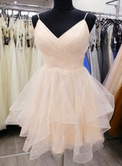 Bridesmaid Propos, Light Champagne V-neckline Straps Homecoming Dress, Tulle Short prom Dress Graduation Dress
