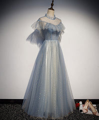 Prom Dress Aesthetic, Light Gray Blue Tulle Lace Long Prom Dress, Gray Blue Tulle Evening Dress