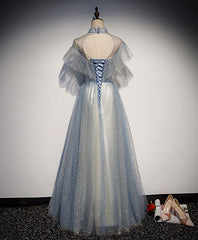 Prom Dresses Aesthetic, Light Gray Blue Tulle Lace Long Prom Dress, Gray Blue Tulle Evening Dress