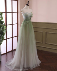 Formal Dresses Over 47, Light Green Gradient Tulle Long Formal Dress, Green Beaded Sweetheart Prom Dresses