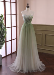Formal Dresses For Large Ladies, Light Green Gradient Tulle Long Formal Dress, Green Beaded Sweetheart Prom Dresses