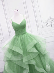 Debutant Dress, Light Green Layers Tulle Straps Long Formal Dress, Light Green Sweet 16 Gown