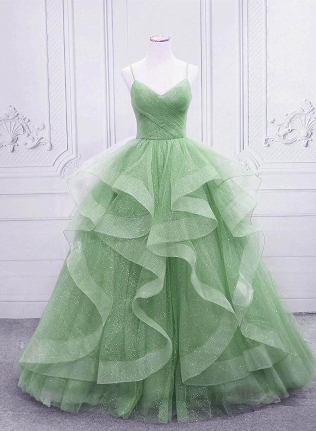 Prom Inspo, Light Green Layers Tulle Straps Long Formal Dress, Light Green Sweet 16 Gown