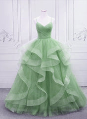 Prom Inspo, Light Green Layers Tulle Straps Long Formal Dress, Light Green Sweet 16 Gown