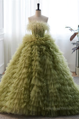 Prom Dress Vintage, Light Green Strapless Boning Ruffle-Layers Formal Dress with Feathers