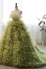 Prom Dresses Prom Dresses, Light Green Strapless Boning Ruffle-Layers Formal Dress with Feathers