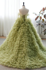 Prom Dresses Prom Dress, Light Green Strapless Boning Ruffle-Layers Formal Dress with Feathers