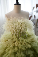 Prom Dress Prom Dresses, Light Green Strapless Boning Ruffle-Layers Formal Dress with Feathers