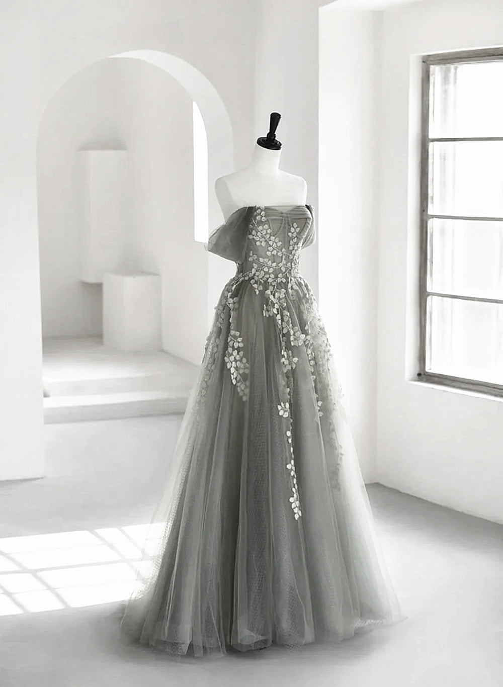 Bridesmaid Dresses Convertible, Light Grey A-line Tulle Long Formal Dress, Grey Tulle with Lace Applique Party Dress