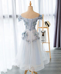 Bridesmaids Dresses Different Styles, Light Grey Flowers Lace Off Shoulder Short Party Dress, Light Grey Formal Dresses