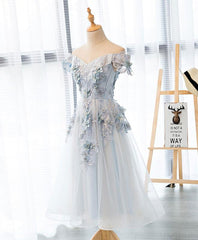 Bridesmaid Dresses Different Style, Light Grey Flowers Lace Off Shoulder Short Party Dress, Light Grey Formal Dresses