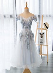 Bridesmaid Dress Color Palette, Light Grey Flowers Lace Off Shoulder Short Party Dress, Light Grey Formal Dresses