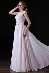 Wedding Dresses Brides, Light Pink Chiffon Wedding Dresses with veil Lace Appliques Top Short Sleeve
